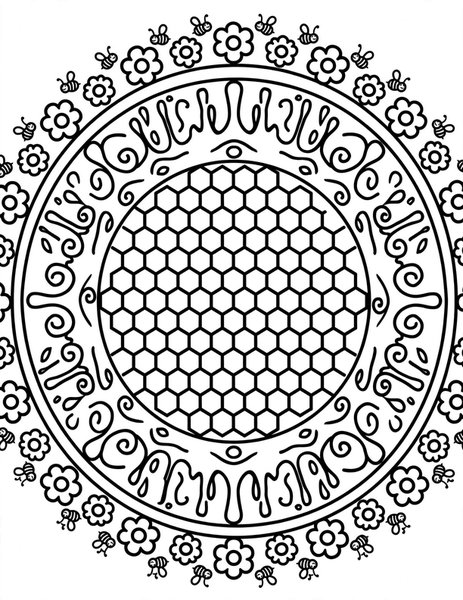 Honeycomb Mandala coloring page: Hexagons drip with honey and bees.