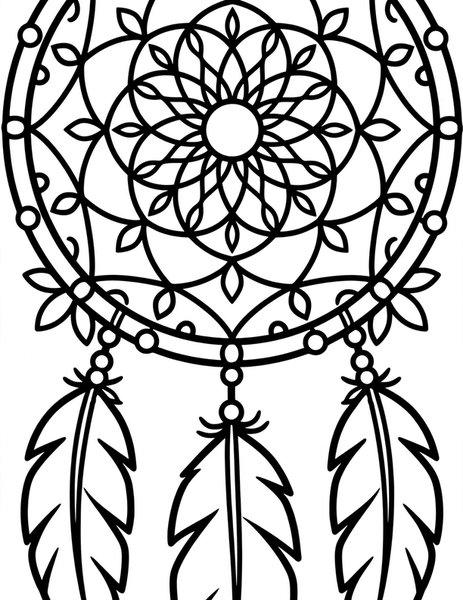 Dreamcatcher Mandala coloring page: Feathers dangle from a woven web.