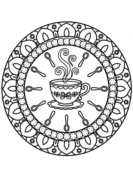 Teacup Mandala coloring page: A fancy teacup overflows with swirls.