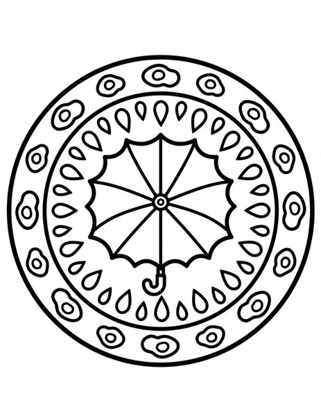 Umbrella Rain Mandala coloring page: Raindrops dance under a swirly umbrella.