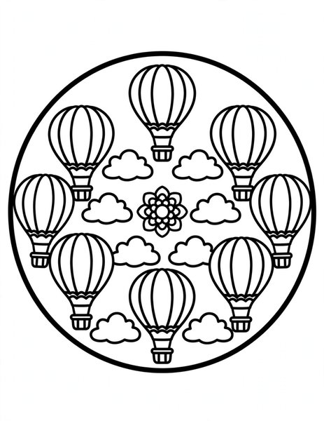 Balloon Festival Mandala coloring page: Hot air balloons float in rings.