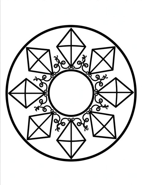 Kite Sky Mandala coloring page: Diamond kites spin with ribbon tails.