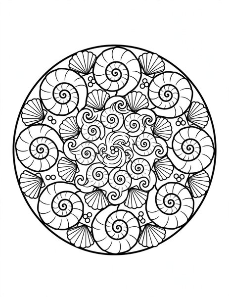 Seashell Spiral Mandala coloring page: Shells coil into a perfect spiral.