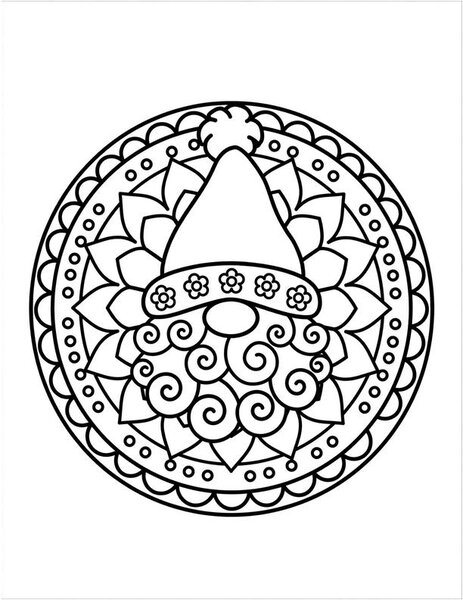Garden Gnome Mandala coloring page: A gnome's hat blooms into patterns.