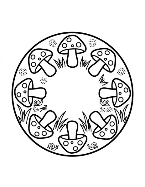 Mushroom Ring Mandala coloring page: Toadstools circle like a fairy ring.