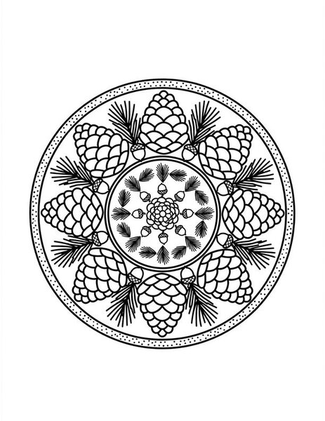 Pinecone Forest Mandala coloring page: Pinecones and needles weave together.