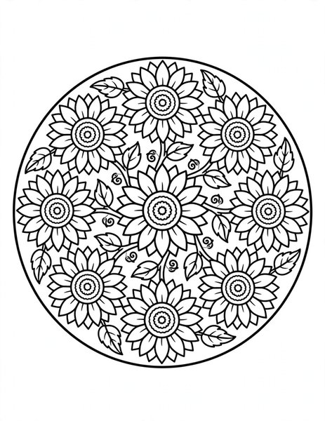 Sunflower Power Mandala coloring page: Sunflower heads beam in a circle.