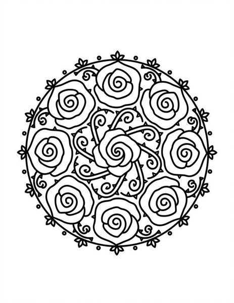 Rose Garden Mandala coloring page: Roses unfurl in spiral rings.
