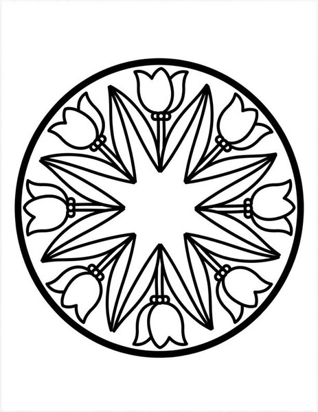 Tulip Time Mandala coloring page: Tulips stand tall in neat rings.