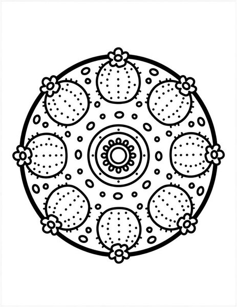 Cactus Garden Mandala coloring page: Prickly cacti bloom with tiny flowers.