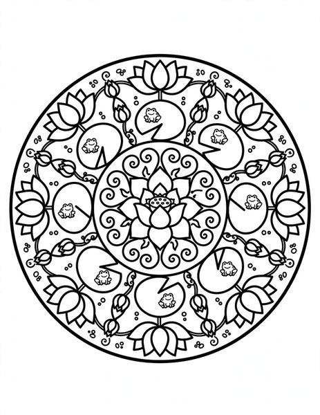Lotus Pond Mandala coloring page: Lotus flowers float in perfect rings.