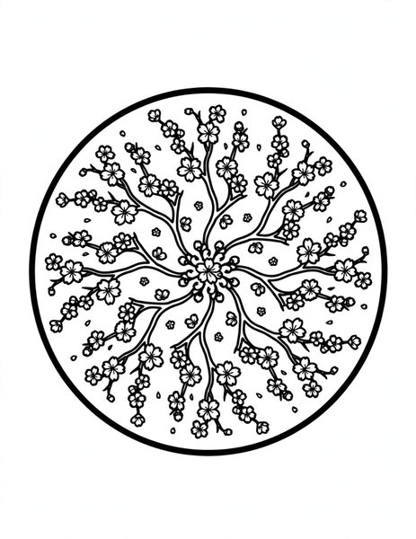 Cherry Blossom Mandala coloring page: Blossom petals drift in the breeze.