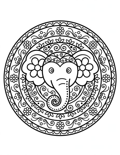 Elephant Parade Mandala coloring page: A gentle elephant wears patterned blankets.