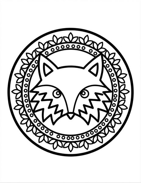 Fox Face Mandala coloring page: A clever fox face frames the center.