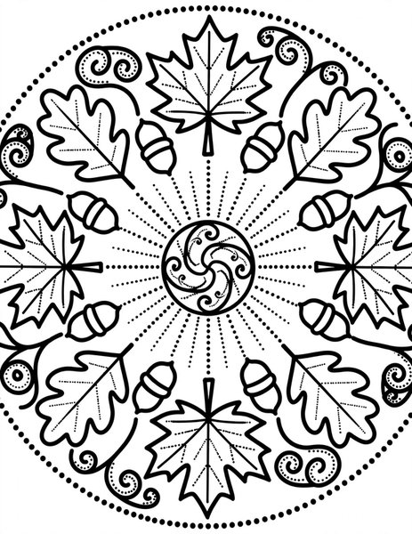 Autumn Leaves Mandala coloring page: Maple and oak leaves dance in a circle.