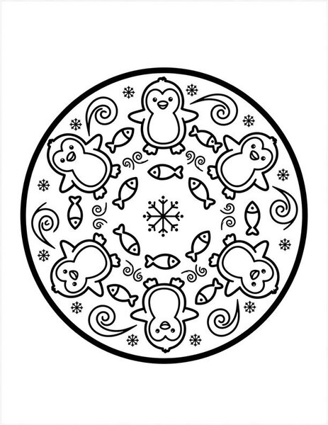 Penguin Waddle Mandala coloring page: Penguins march in a frosty ring.