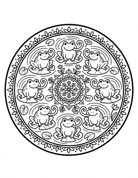 Frog Pond Mandala coloring page: Frogs croak among lily pads.
