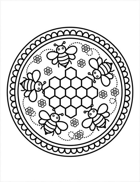 Bee Hive Mandala coloring page: Bees buzz around hexagonal cells.