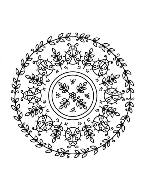 Ladybug Dots Mandala coloring page: Ladybugs dot a leafy circle.