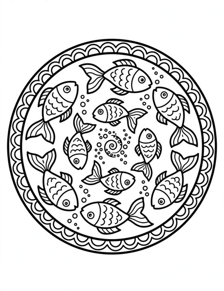Fish School Mandala coloring page: Fish swim in a swirling school.