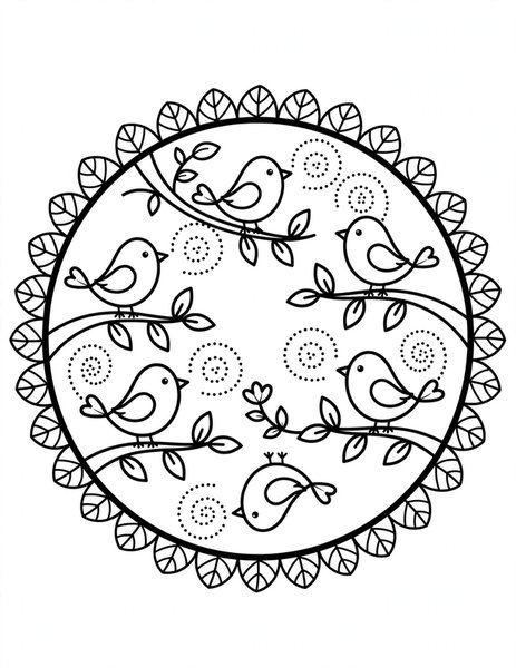 Birdsong Mandala coloring page: Songbirds perch in a ring of branches.