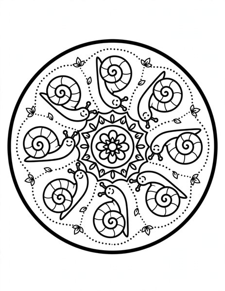 Snail Trail Mandala coloring page: Snails spiral slowly outward.