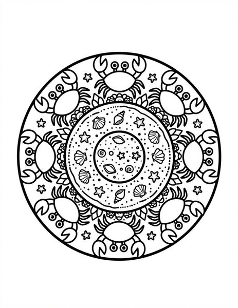 Crab Beach Mandala coloring page: Crabs scuttle around a sandy ring.