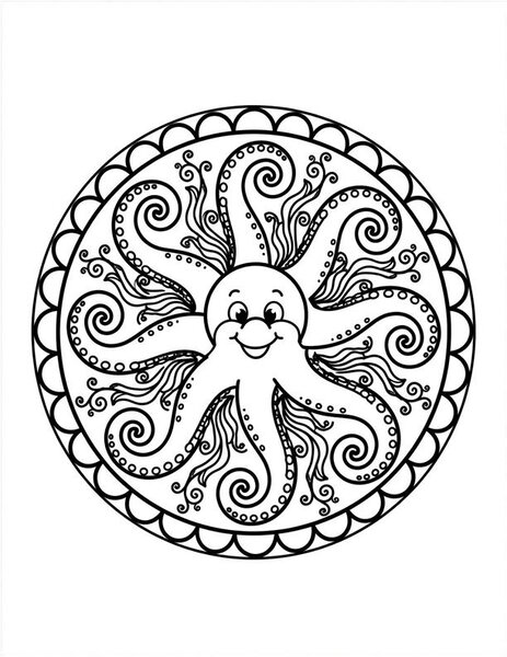 Octopus Garden Mandala coloring page: Eight arms curl into waves.