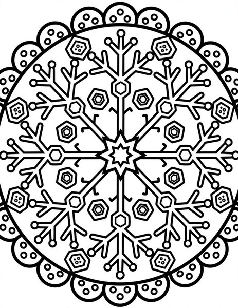 Snowflake Mandala coloring page: Crystals and ice branches sparkle outward.