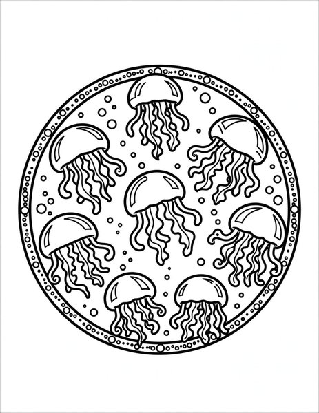 Jellyfish Drift Mandala coloring page: Jellyfish pulse in gentle rings.