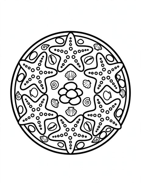Starfish Shore Mandala coloring page: Starfish dot a pebbly circle.