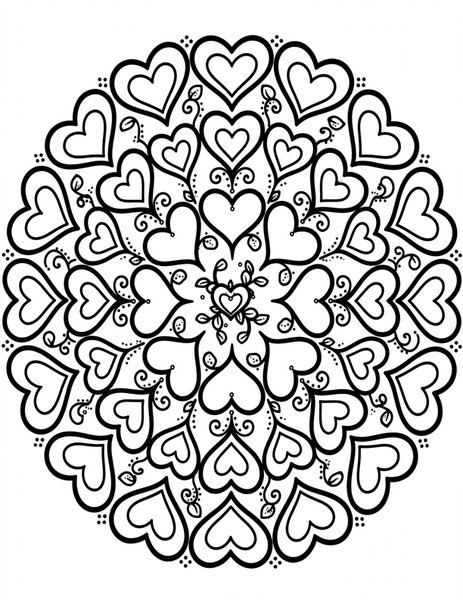 Heart Garden Mandala coloring page: Hearts bloom like flowers in rings.