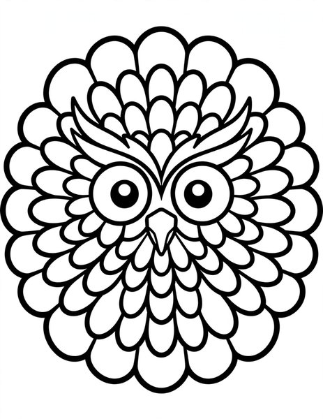 Owl Eyes Mandala coloring page: A wise owl's face blooms into patterns.