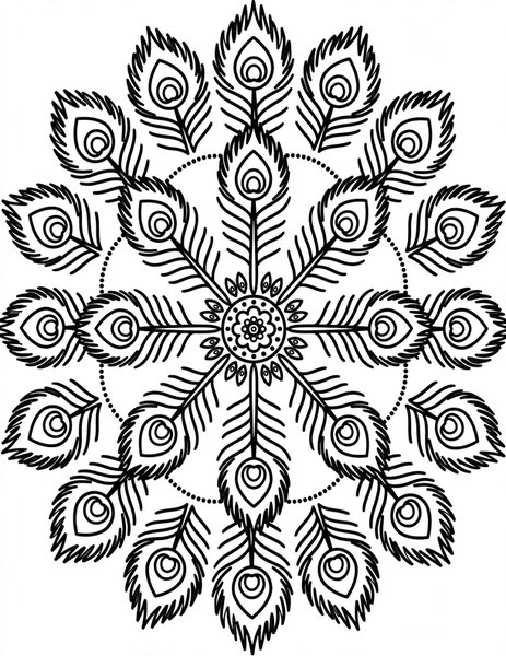Peacock Feather Mandala coloring page: Eye feathers fan out in brilliant rings.