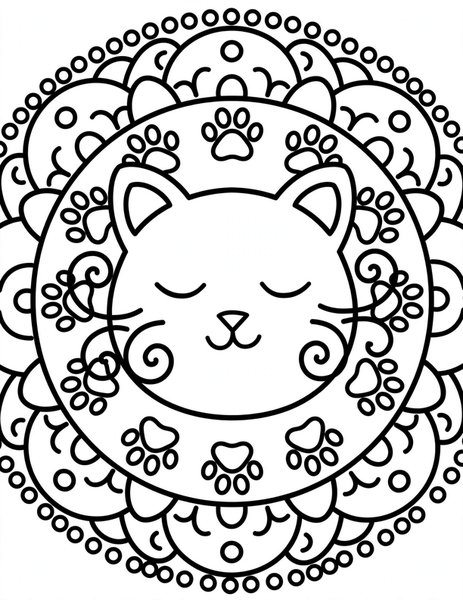 Cat Whiskers Mandala coloring page: A sleepy cat face melts into swirls.