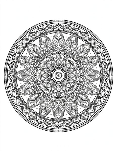 Detailed Peacock Mandala coloring page: An intricate peacock feather mandala for experienced colorists.