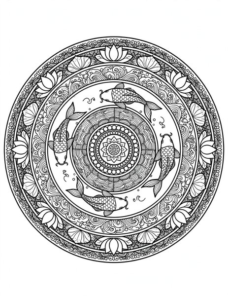 Detailed Koi Pond Mandala coloring page: An intricate koi fish mandala for experienced colorists.