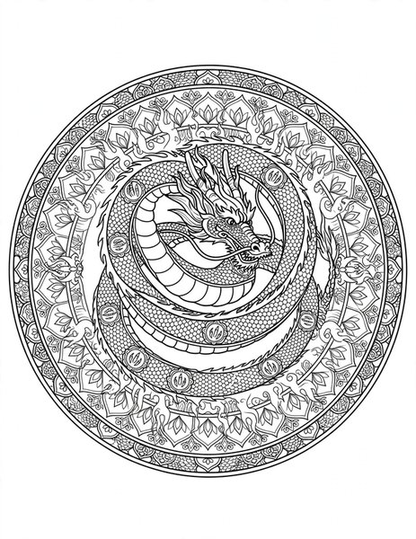 Detailed Dragon Mandala coloring page: An intricate coiled dragon mandala for experienced colorists.
