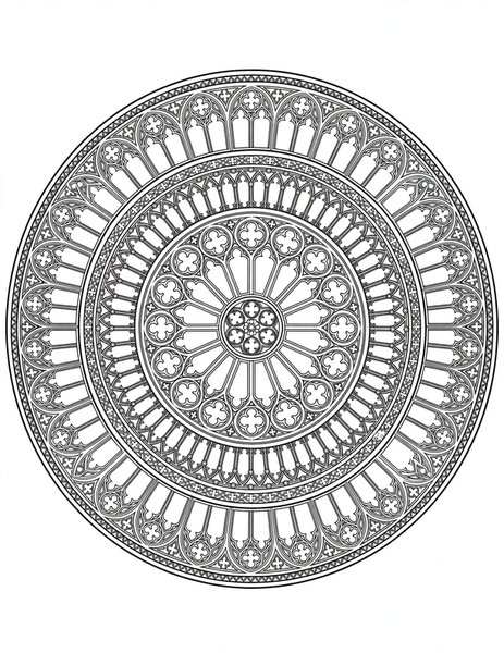 Detailed Cathedral Mandala coloring page: An intricate rose-window mandala for experienced colorists.