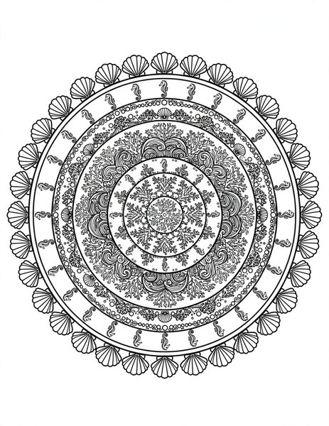 Detailed Ocean Reef Mandala coloring page: An intricate coral reef mandala for experienced colorists.