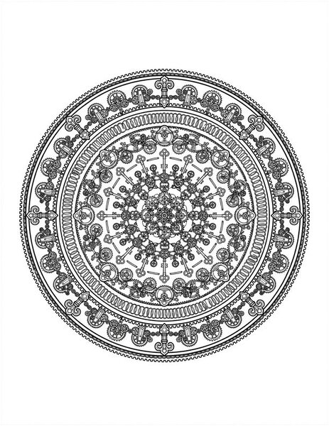 Detailed Clockwork Mandala coloring page: An intricate gear-and-clock mandala for experienced colorists.