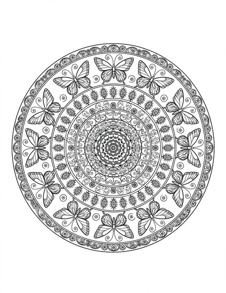 Detailed Butterfly Mandala coloring page: An intricate butterfly garden mandala for experienced colorists.