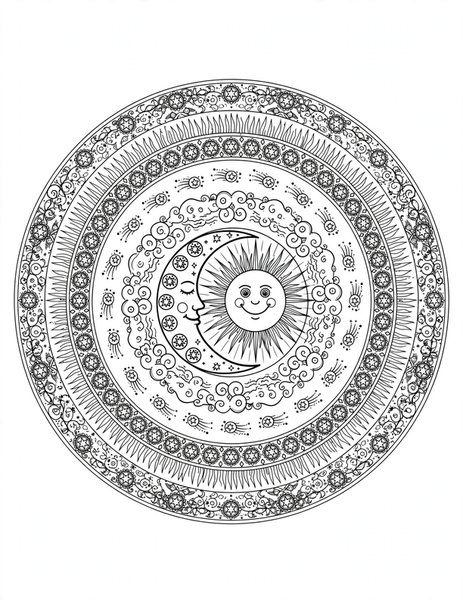 Detailed Celestial Mandala coloring page: An intricate sun-and-moon mandala for experienced colorists.
