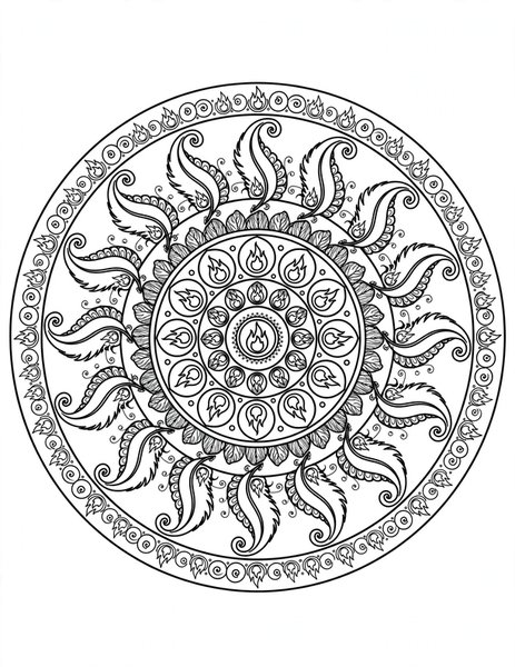 Detailed Phoenix Mandala coloring page: An intricate phoenix feather mandala for experienced colorists.