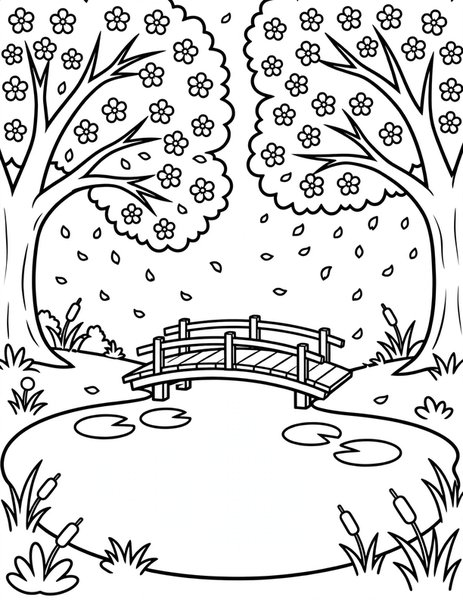 Cherry Blossoms coloring page: Pink petals drift in the breeze.