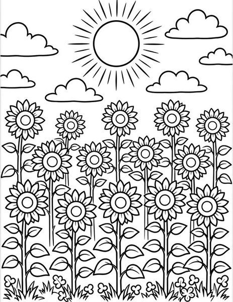 Sunflower Field coloring page: A field of sunflowers faces the sun.
