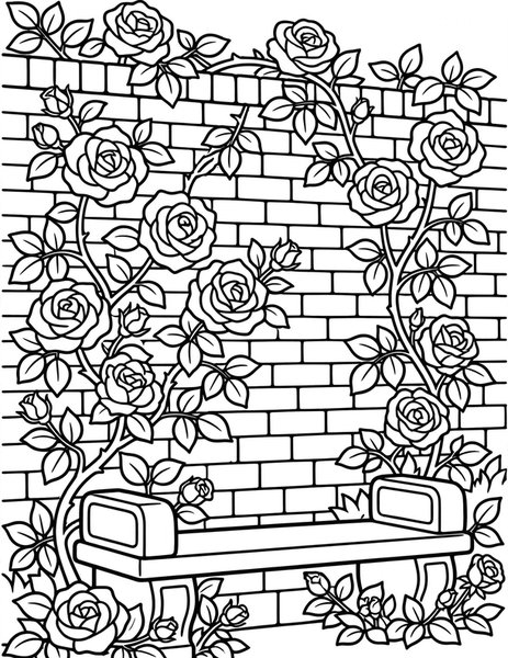 Rose Garden coloring page: Roses bloom along the garden wall.