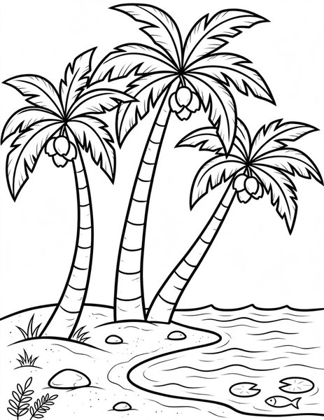 Palm Paradise coloring page: Palms sway over warm sand.