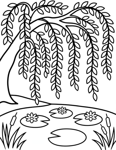 Willow Shade coloring page: A willow drapes over the river.