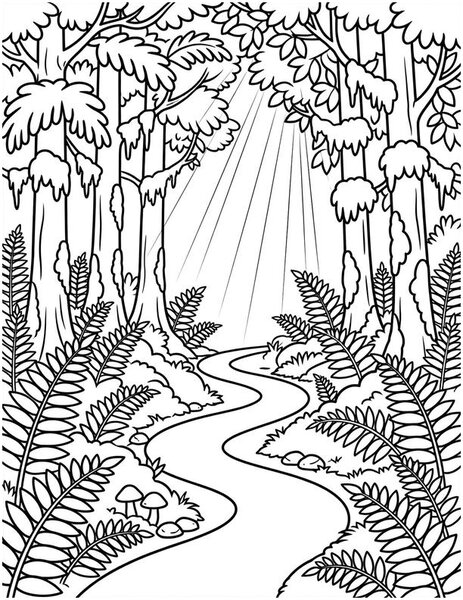 Forest Path coloring page: A path winds through tall ferns.